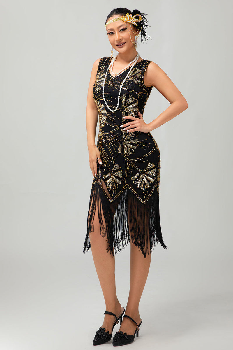 Laden Sie das Bild in den Galerie-Viewer, Glitzerndes Grün Goldenes Bodycon Fransen 1920er Kleid mit Pailletten