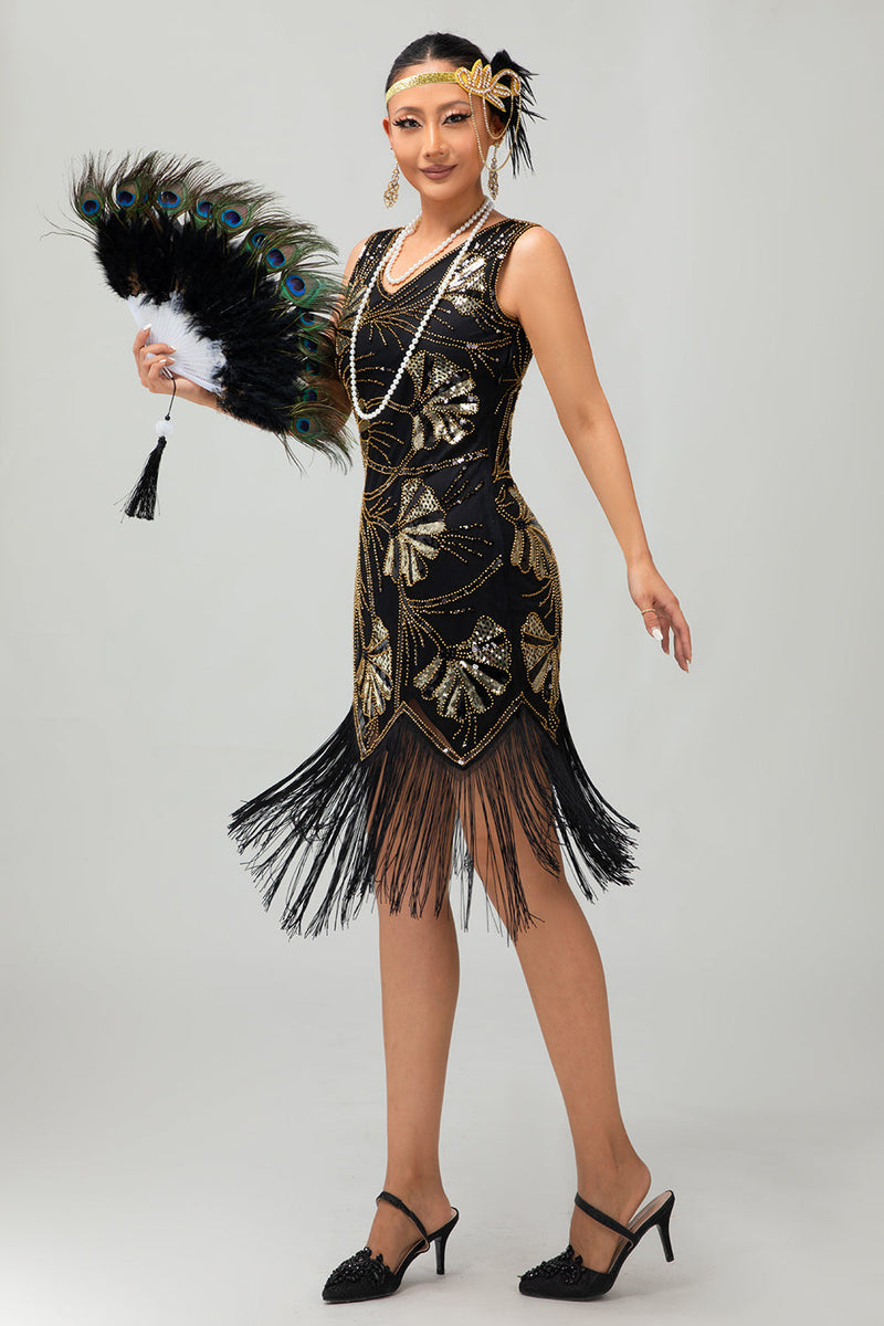 Laden Sie das Bild in den Galerie-Viewer, Glitzerndes Grün Goldenes Bodycon Fransen 1920er Kleid mit Pailletten