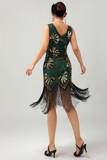 Glitzerndes Grün Goldenes Bodycon Fransen 1920er Kleid mit Pailletten