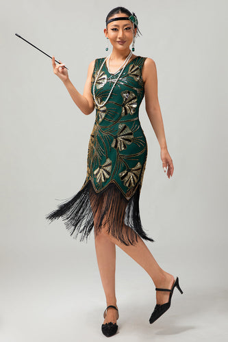 Glitzerndes Grün Goldenes Bodycon Fransen 1920er Kleid mit Pailletten