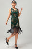 Laden Sie das Bild in den Galerie-Viewer, Glitzerndes Grün Goldenes Bodycon Fransen 1920er Kleid mit Pailletten