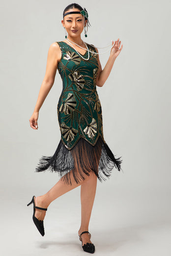 Glitzerndes Grün Goldenes Bodycon Fransen 1920er Kleid mit Pailletten