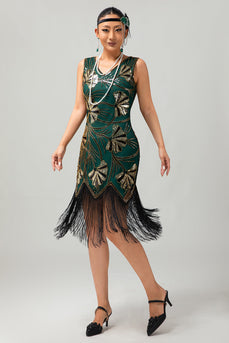 Glitzerndes Grün Goldenes Bodycon Fransen 1920er Kleid mit Pailletten