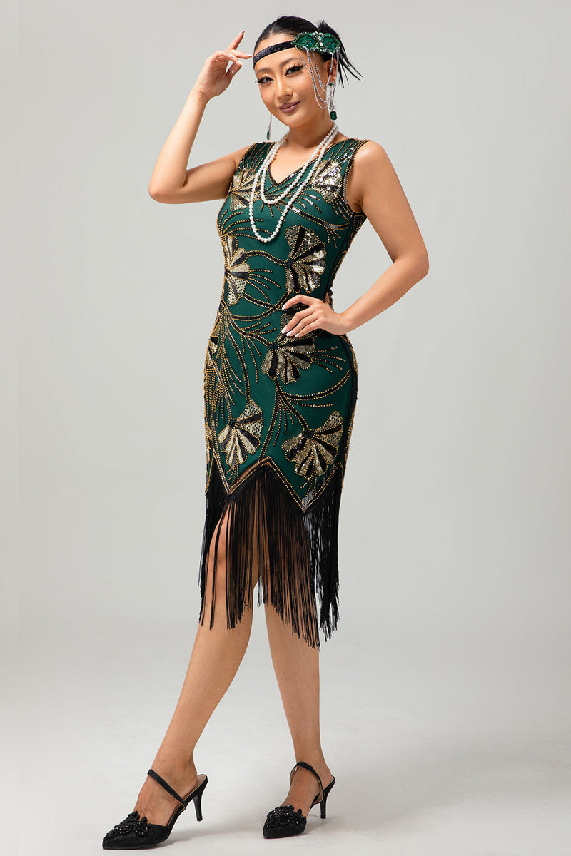 Laden Sie das Bild in den Galerie-Viewer, Glitzerndes Grün Goldenes Bodycon Fransen 1920er Kleid mit Pailletten