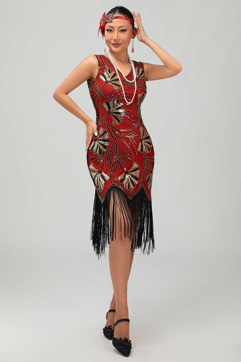 Laden Sie das Bild in den Galerie-Viewer, Glitzerndes Grün Goldenes Bodycon Fransen 1920er Kleid mit Pailletten