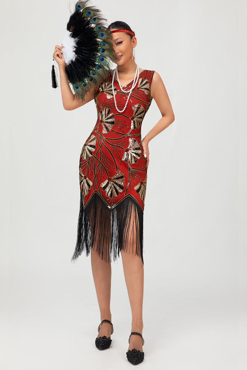 Laden Sie das Bild in den Galerie-Viewer, Glitzerndes Grün Goldenes Bodycon Fransen 1920er Kleid mit Pailletten