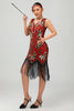 Laden Sie das Bild in den Galerie-Viewer, Glitzerndes Schwarzes Goldenes Pailletten Fransen Flapperkleid mit Perlen