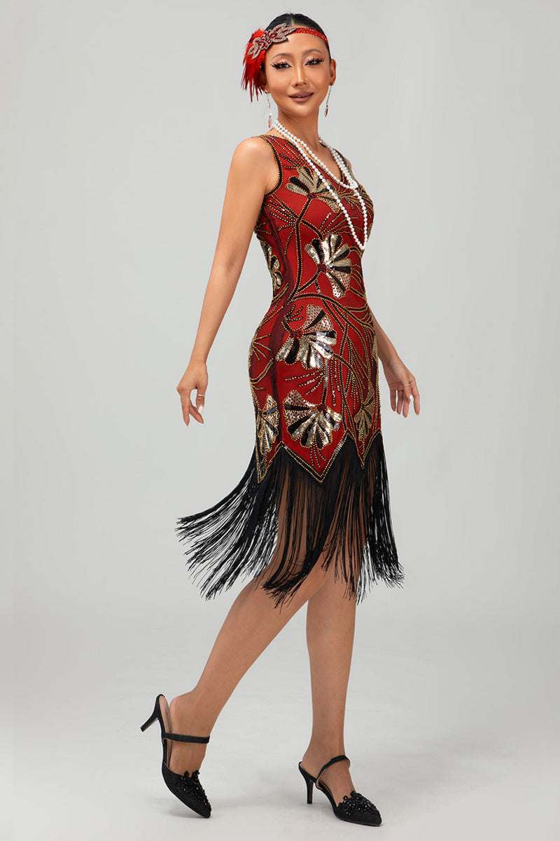 Laden Sie das Bild in den Galerie-Viewer, Glitzerndes Grün Goldenes Bodycon Fransen 1920er Kleid mit Pailletten