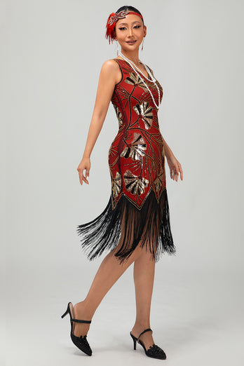 Glitzerndes Schwarzes Goldenes Pailletten Fransen Flapperkleid mit Perlen
