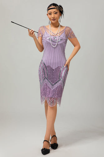Glitzerndes Lilac Bodycon Pailletten Flapper Kleid Mit Perlenverzierung