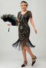 Laden Sie das Bild in den Galerie-Viewer, Glitzerndes Schwarzes Goldenes Pailletten Flapperkleid mit Rundhalsausschnitt und Fransen