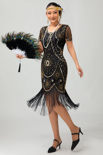 Glitzerndes Schwarzes Goldenes Pailletten Flapperkleid mit Rundhalsausschnitt und Fransen
