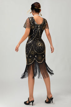Glitzerndes Schwarzes Goldenes Pailletten Flapperkleid mit Rundhalsausschnitt und Fransen