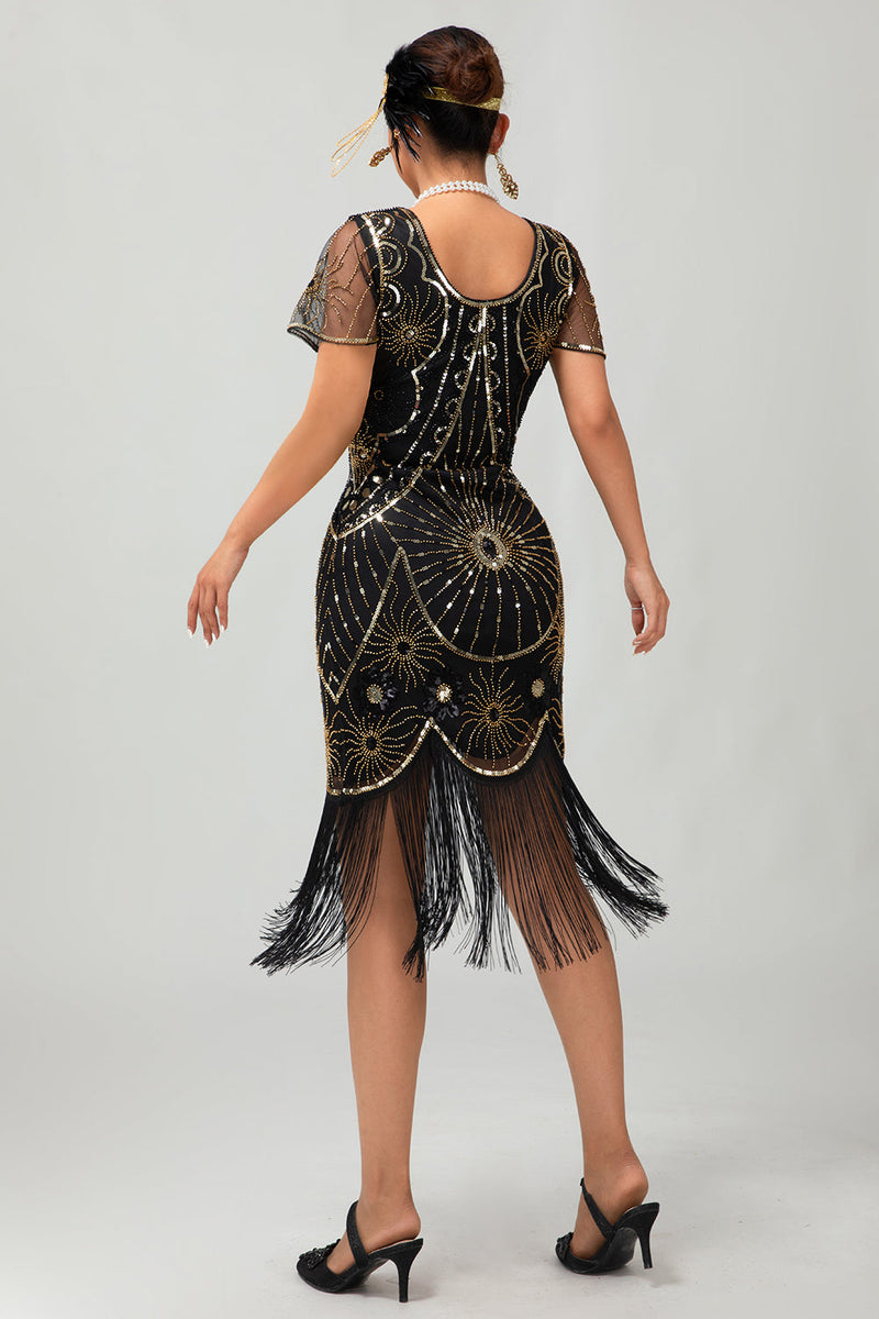 Laden Sie das Bild in den Galerie-Viewer, Glitzerndes Schwarzes Goldenes Pailletten Flapperkleid mit Rundhalsausschnitt und Fransen