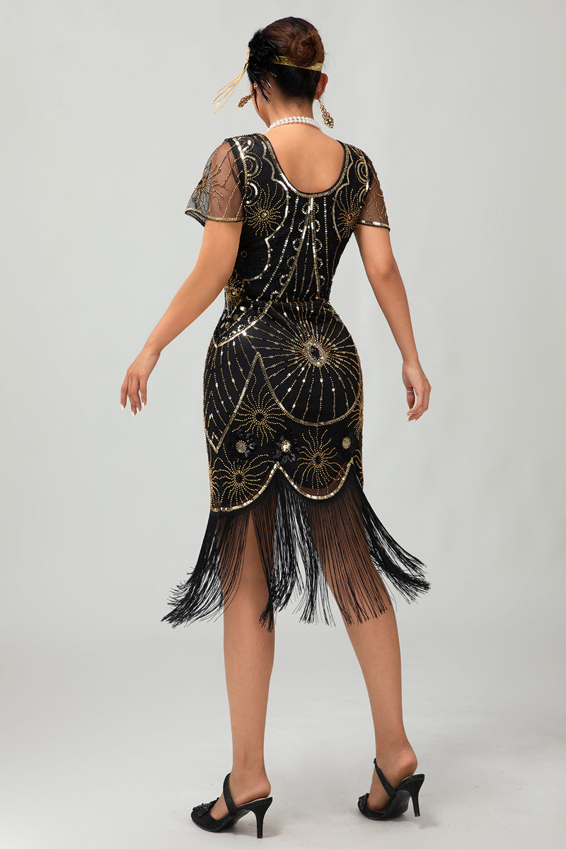 Laden Sie das Bild in den Galerie-Viewer, Glitzerndes Schwarzes Silbernes Pailletten Flapperkleid mit Kurzen Ärmeln und Fransen