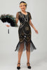 Laden Sie das Bild in den Galerie-Viewer, Glitzerndes Schwarzes Goldenes Pailletten Flapperkleid mit Rundhalsausschnitt und Fransen