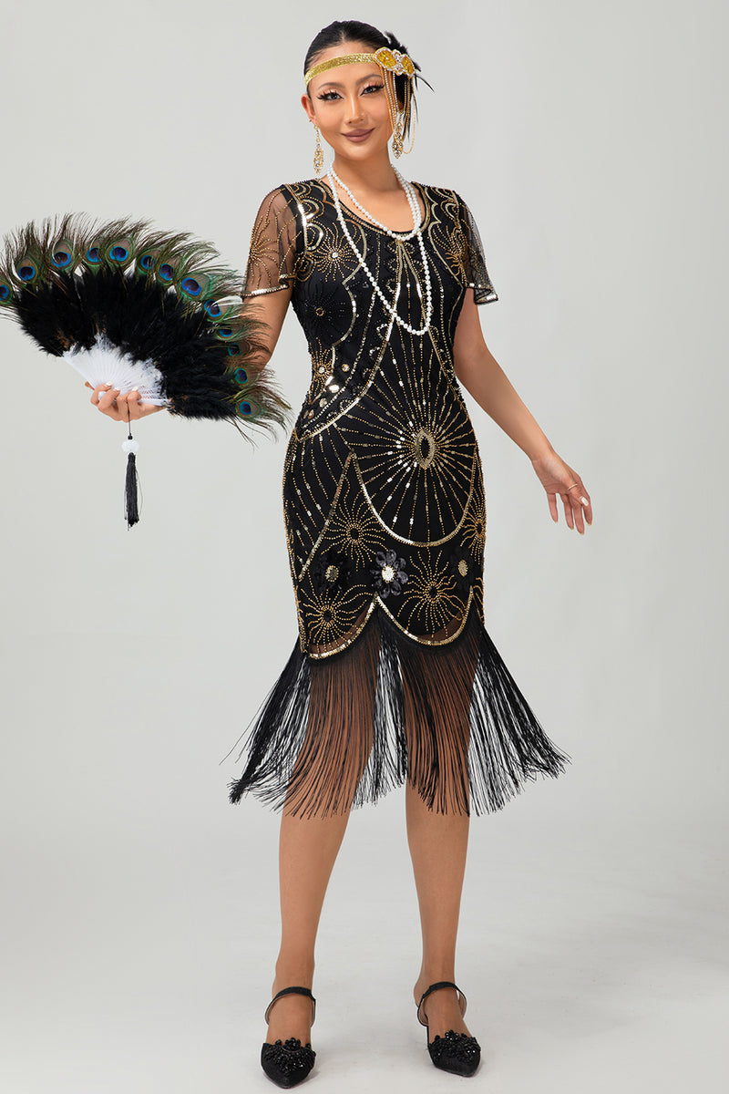 Laden Sie das Bild in den Galerie-Viewer, Glitzerndes Schwarzes Silbernes Pailletten Flapperkleid mit Kurzen Ärmeln und Fransen