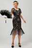 Laden Sie das Bild in den Galerie-Viewer, Glitzerndes Schwarzes Rotes Fransen Pailletten Kurzes 1920er Kleid mit Ärmeln