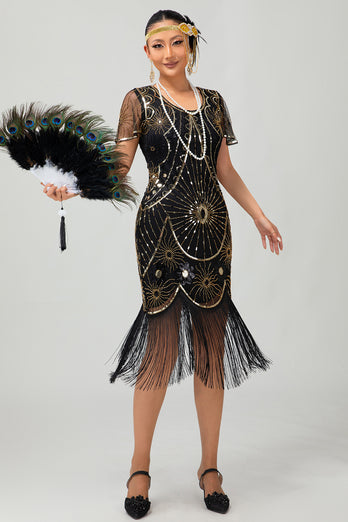 Glitzerndes Schwarzes Rotes Fransen Pailletten Kurzes 1920er Kleid mit Ärmeln