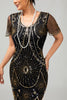 Laden Sie das Bild in den Galerie-Viewer, Glitzerndes Schwarzes Goldenes Pailletten Flapperkleid mit Rundhalsausschnitt und Fransen