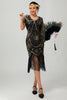 Laden Sie das Bild in den Galerie-Viewer, Glitzerndes Schwarzes Silbernes Pailletten Flapperkleid mit Kurzen Ärmeln und Fransen