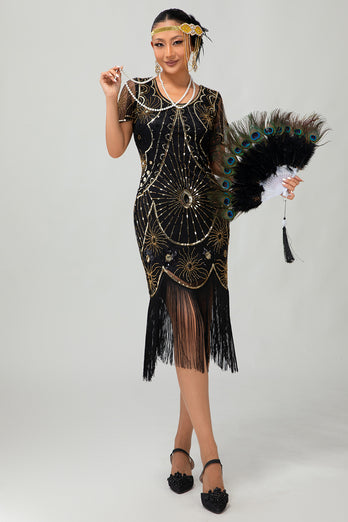 Glitzerndes Schwarzes Silbernes Pailletten Flapperkleid mit Kurzen Ärmeln und Fransen