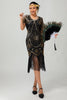 Laden Sie das Bild in den Galerie-Viewer, Glitzerndes Schwarzes Goldenes Pailletten Flapperkleid mit Rundhalsausschnitt und Fransen