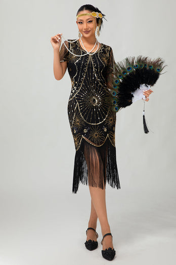 Glitzerndes Schwarzes Goldenes Pailletten Flapperkleid mit Rundhalsausschnitt und Fransen