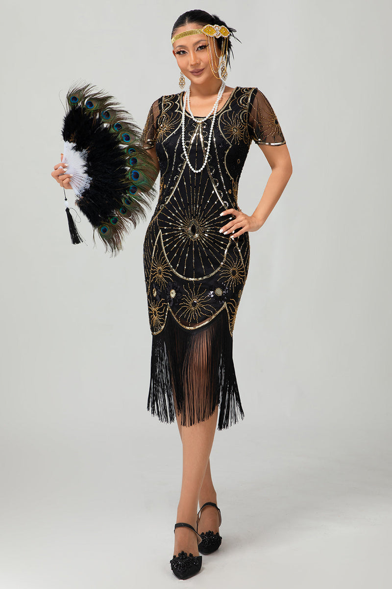 Laden Sie das Bild in den Galerie-Viewer, Glitzerndes Schwarzes Goldenes Pailletten Flapperkleid mit Rundhalsausschnitt und Fransen