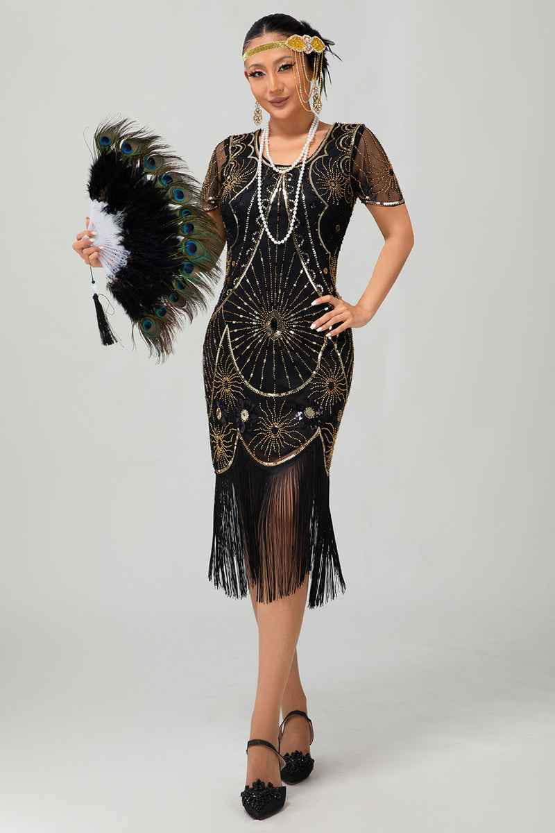 Laden Sie das Bild in den Galerie-Viewer, Glitzerndes Schwarzes Silbernes Pailletten Flapperkleid mit Kurzen Ärmeln und Fransen