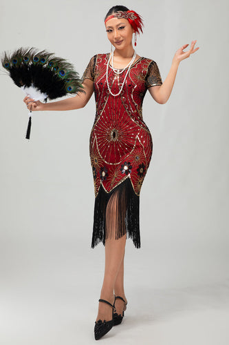 Glitzerndes Schwarzes Rotes Fransen Pailletten Kurzes 1920er Kleid mit Ärmeln