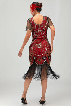 Glitzerndes Schwarzes Rotes Fransen Pailletten Kurzes 1920er Kleid mit Ärmeln
