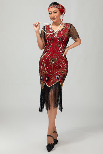 Glitzerndes Schwarzes Goldenes Pailletten Flapperkleid mit Rundhalsausschnitt und Fransen