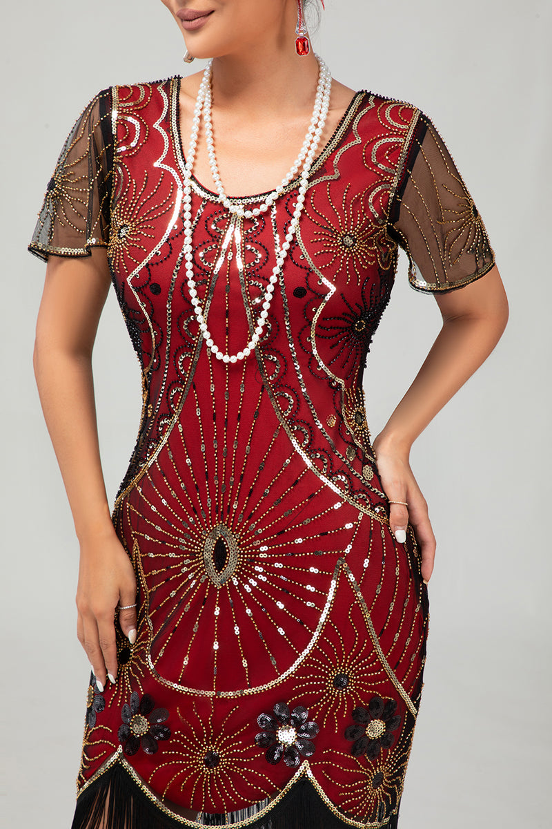 Laden Sie das Bild in den Galerie-Viewer, Glitzerndes Schwarzes Goldenes Pailletten Flapperkleid mit Rundhalsausschnitt und Fransen