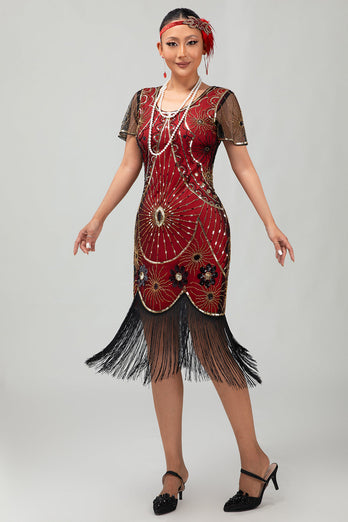 Glitzerndes Schwarzes Rotes Fransen Pailletten Kurzes 1920er Kleid mit Ärmeln