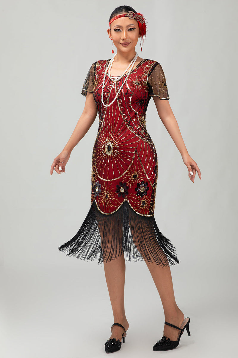 Laden Sie das Bild in den Galerie-Viewer, Glitzerndes Schwarzes Rotes Fransen Pailletten Kurzes 1920er Kleid mit Ärmeln