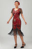 Laden Sie das Bild in den Galerie-Viewer, Glitzerndes Schwarzes Silbernes Pailletten Flapperkleid mit Kurzen Ärmeln und Fransen