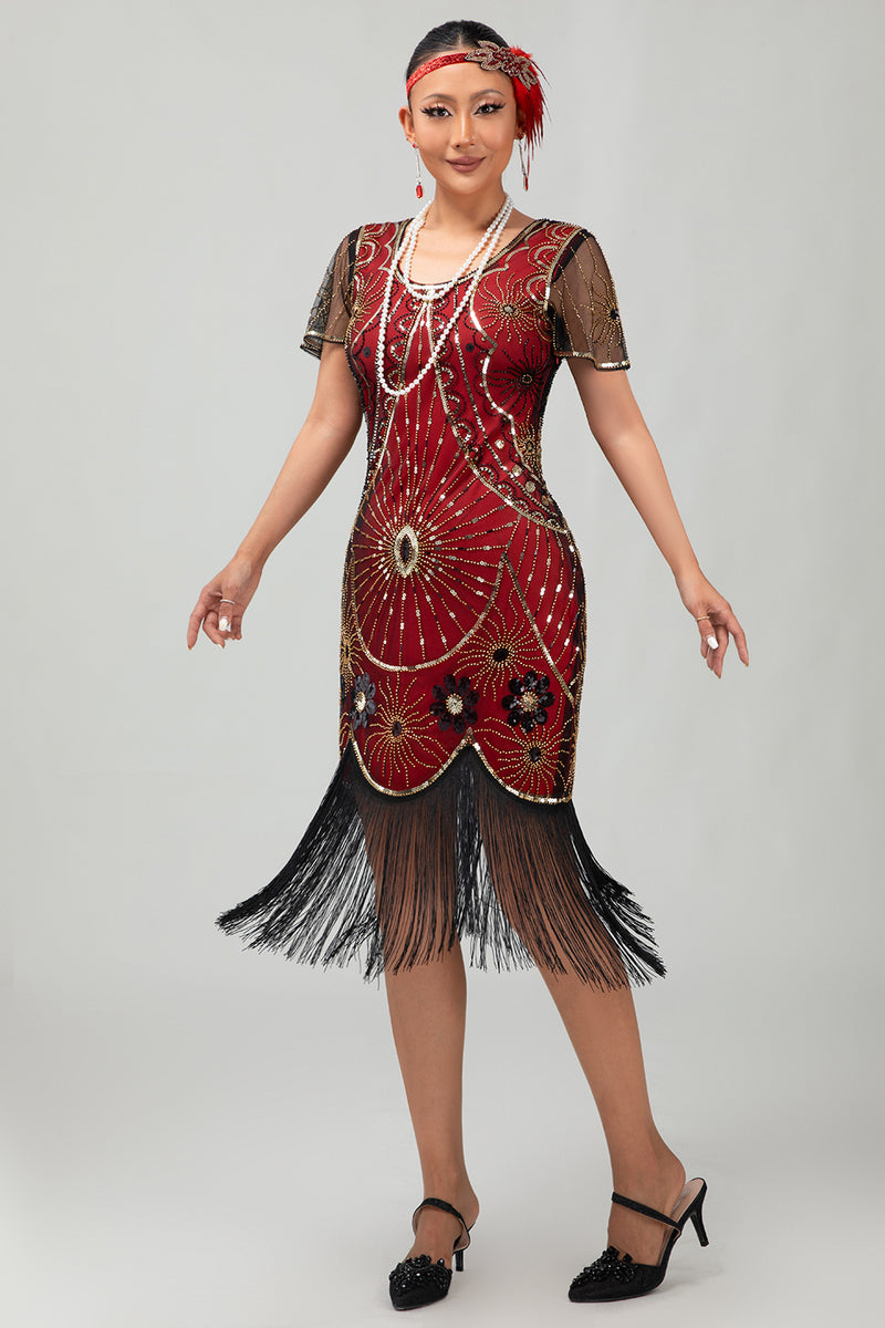 Laden Sie das Bild in den Galerie-Viewer, Glitzerndes Schwarzes Goldenes Pailletten Flapperkleid mit Rundhalsausschnitt und Fransen