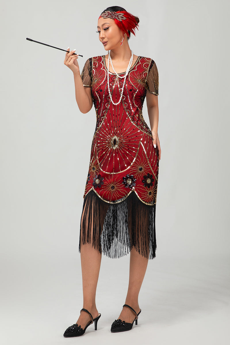 Laden Sie das Bild in den Galerie-Viewer, Glitzerndes Schwarzes Goldenes Pailletten Flapperkleid mit Rundhalsausschnitt und Fransen