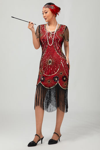 Glitzerndes Schwarzes Silbernes Pailletten Flapperkleid mit Kurzen Ärmeln und Fransen