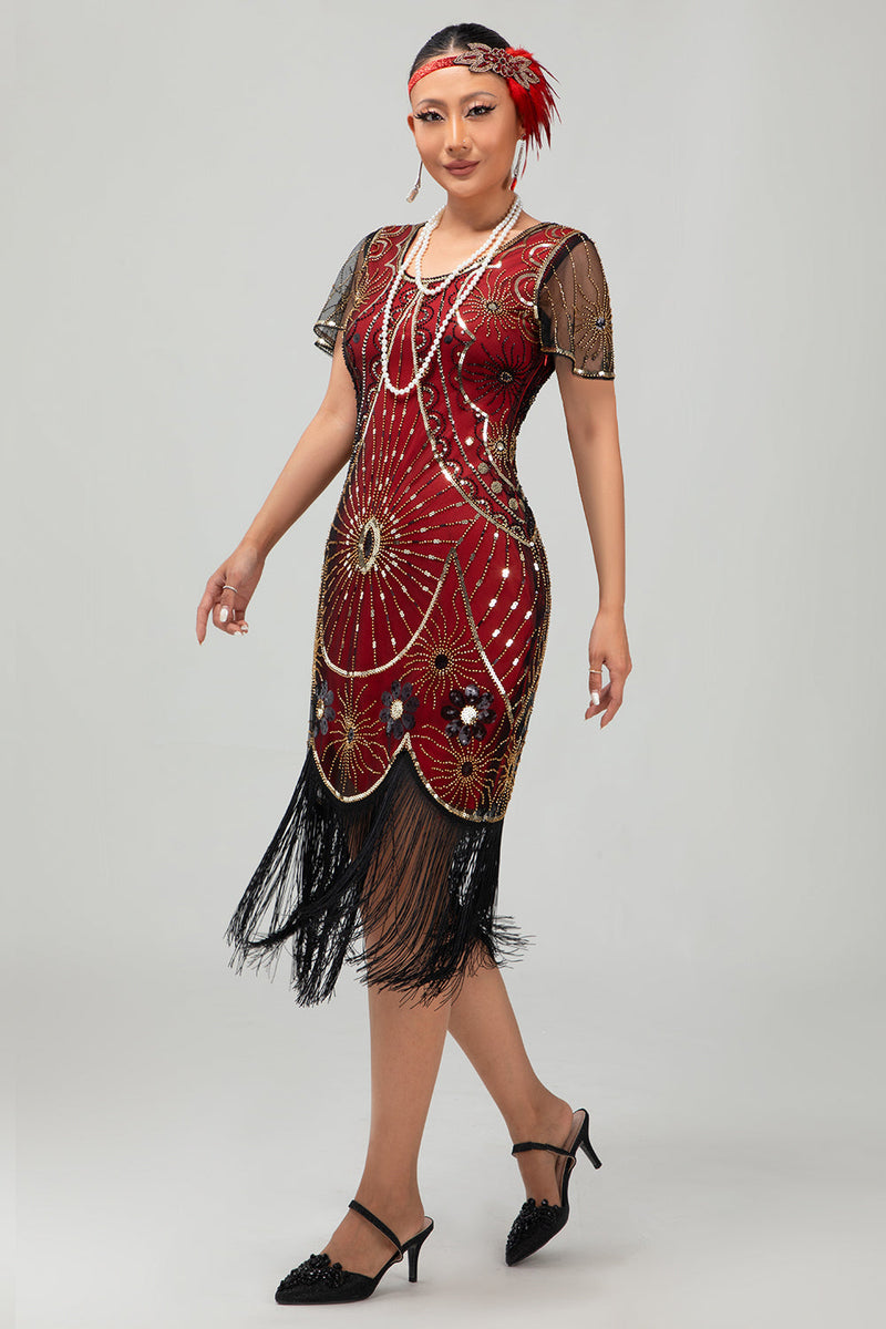 Laden Sie das Bild in den Galerie-Viewer, Glitzerndes Schwarzes Rotes Fransen Pailletten Kurzes 1920er Kleid mit Ärmeln