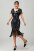 Laden Sie das Bild in den Galerie-Viewer, Glitzerndes Schwarzes Silbernes Pailletten Flapperkleid mit Kurzen Ärmeln und Fransen