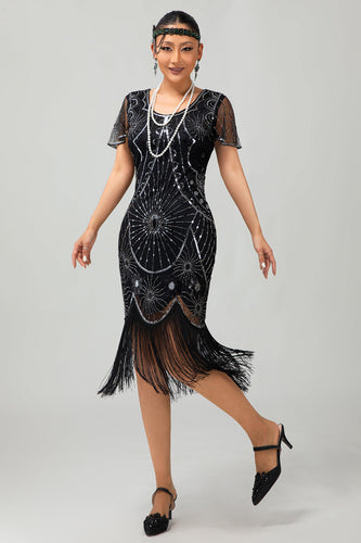 Glitzerndes Schwarzes Silbernes Pailletten Flapperkleid mit Kurzen Ärmeln und Fransen