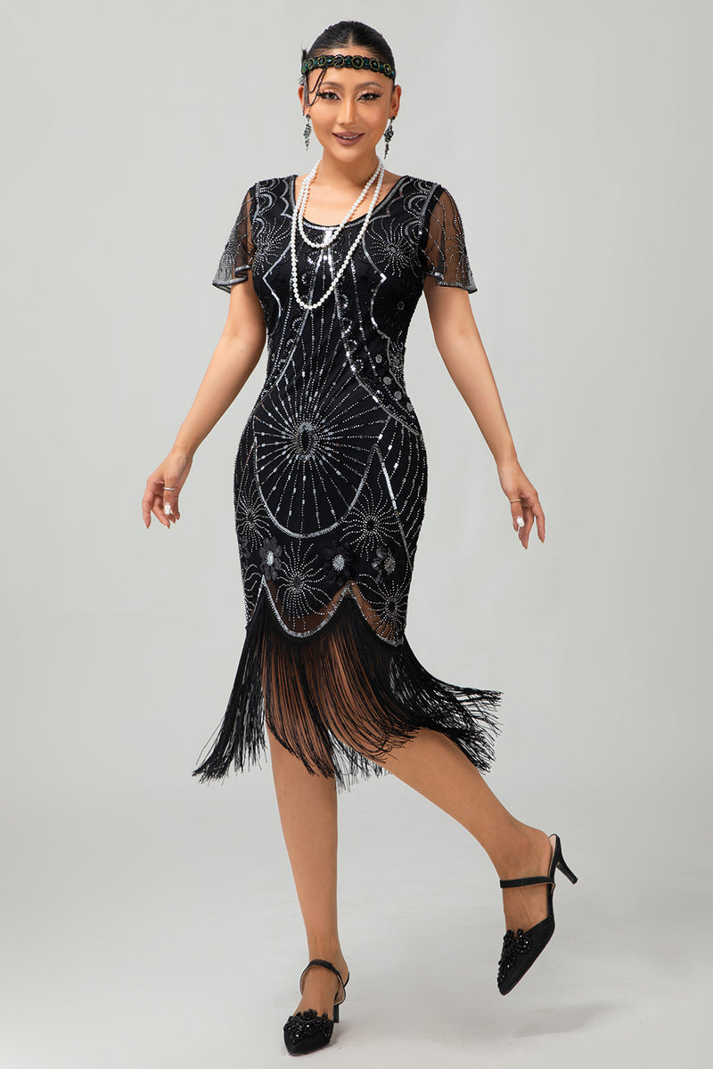 Laden Sie das Bild in den Galerie-Viewer, Glitzerndes Schwarzes Goldenes Pailletten Flapperkleid mit Rundhalsausschnitt und Fransen
