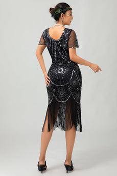 Glitzerndes Schwarzes Silbernes Pailletten Flapperkleid mit Kurzen Ärmeln und Fransen