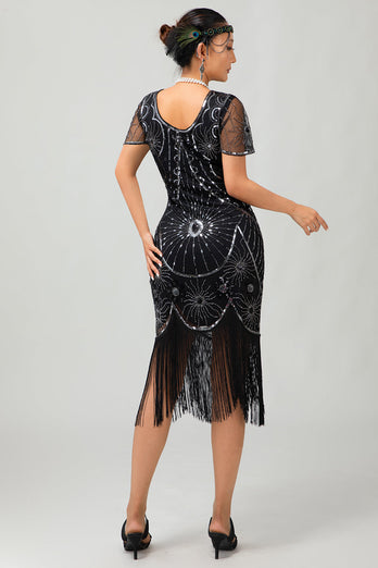 Glitzerndes Schwarzes Silbernes Pailletten Flapperkleid mit Kurzen Ärmeln und Fransen