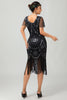Laden Sie das Bild in den Galerie-Viewer, Glitzerndes Schwarzes Goldenes Pailletten Flapperkleid mit Rundhalsausschnitt und Fransen
