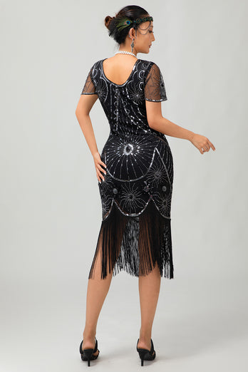Glitzerndes Schwarzes Goldenes Pailletten Flapperkleid mit Rundhalsausschnitt und Fransen
