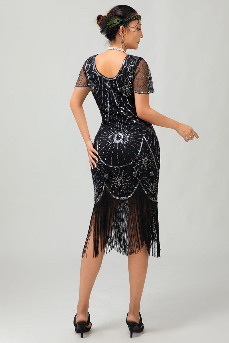 Laden Sie das Bild in den Galerie-Viewer, Glitzerndes Schwarzes Goldenes Pailletten Flapperkleid mit Rundhalsausschnitt und Fransen
