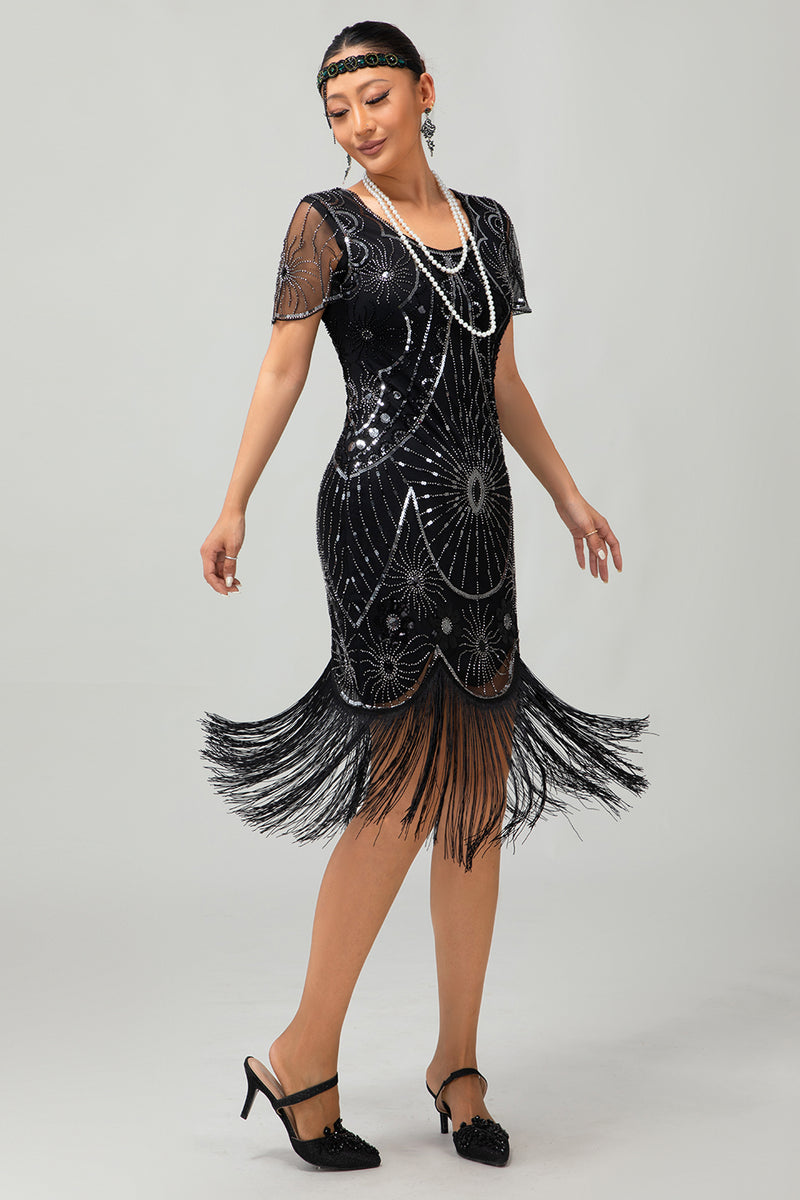Laden Sie das Bild in den Galerie-Viewer, Glitzerndes Schwarzes Goldenes Pailletten Flapperkleid mit Rundhalsausschnitt und Fransen